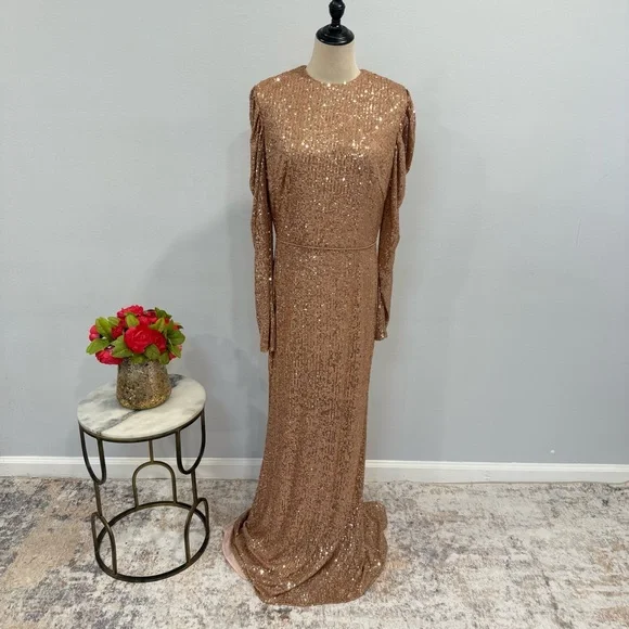 Mac Duggal Sequin High Neck Juliet Puff Long SleeveTrumpet Column Gown Copper